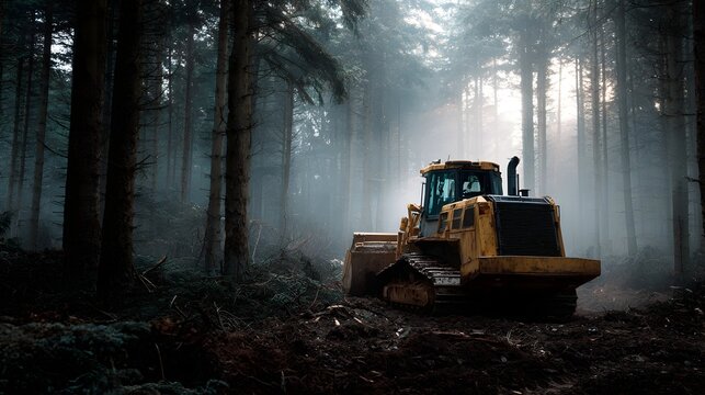 Yellow bulldozer clearing trees in a misty sunlit forest