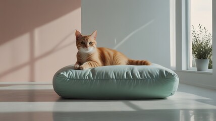 a cat is sitting on a pillow in the corner of a room with pink walls and a plant in the window behind it is a pink wall, and green and pink wallpapers and pink