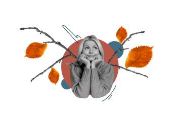 Composite trend image collage of autumn fallen leaves season weather outdoors nature aged lady sad bad mood hold head seasonal depression