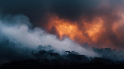 Dramatic fiery clouds over a misty silhouetted forest at twilight