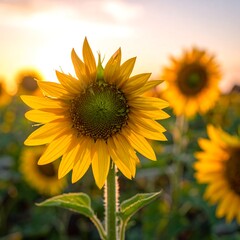 Fototapeta premium Sunset illuminates a sunflower field