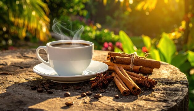 A white cup of hot steaming coffee with cinnamon sticks on a stone table in the warm morning sunlight