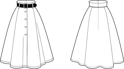 Stylish long flared skirt fashion flat sketch with front button closure and wide belt, technical vector drawing for apparel design illustration