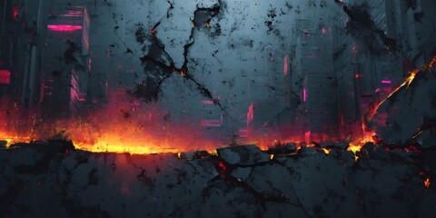 Dystopian city cracking with flowing lava