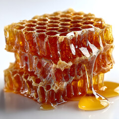 Golden honeycomb dripping sweet honey on white background