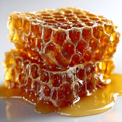 Golden honey dripping from natural honeycomb wax