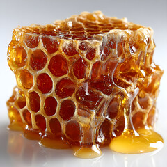 Golden honey dripping from fresh honeycomb cells