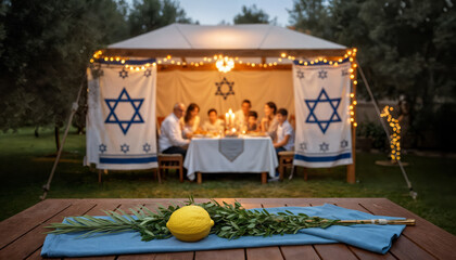 A Jewish family gathers in a decorated sukkah at sunset, sharing a festive meal during the Sukkot holiday, with lulav and etrog displayed.