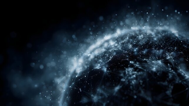 A glowing digital sphere interconnected with luminous lines and nodes floating in a dark abstract space
