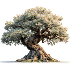 Ancient gnarled tree blossoming with white flowers