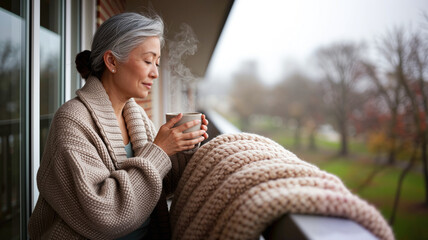 Elderly Asian woman enjoying warm beverage on balcony in autumn  