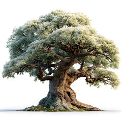 Ancient flowering tree with gnarled trunk and green leaves
