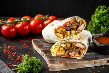 Chicken shawarma wrap with fries and vegetables