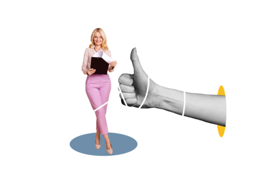 Composite trend artwork sketch image photo collage of huge hand show thumb up agree miniature aged lady hr hold clipboard choose candidate