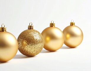Elegant gold Christmas ornaments on a pure white backdrop, shimmering sparkle, single bauble with minimal details.