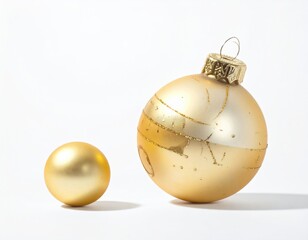 Shimmering gold Christmas bauble on a pure white background, sparkling with minimalistic decoration.