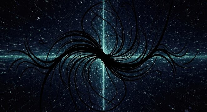 Quantum Field: A mesmerizing artistic depiction showcasing the unseen world of particles with dynamic lines and abstract shapes, capturing the essence of quantum mechanics and the fabric of existence.