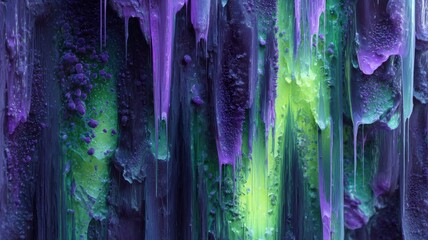 Vivid abstract dripping paint in purple and green neural network AI generated