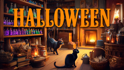 Halloween Apothecary Shop Display with Glowing Cauldrons and Magical Decor