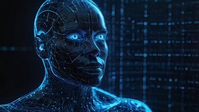 Glowing blue AI digital face formed from holographic grid lines, futuristic dark tech background, sci-fi cinematic style, ultra-detailed digital portrait.
