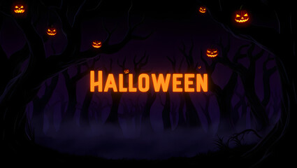 Spooky Halloween Forest Scene with Glowing Pumpkins and Mist