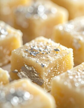 Ultra-Clean Macro Close-up of Kaju Katli Surface Texture. Faceless Detailed View of Cashew Mithai with Edible Silver Vark. Ideal for Food Backgrounds, Sweets Advertising, and Indian Festival Treats