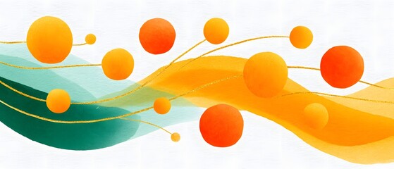 Biotech Innovation Drug Discovery Abstract design featuring colorful spheres and flowing waves in vibrant hues.