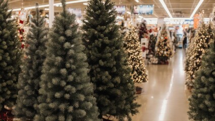 Rows of artificial Christmas trees fill a store aisle, with warm lights and soft focus