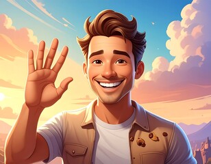 Smiling man waves against a vibrant sky background