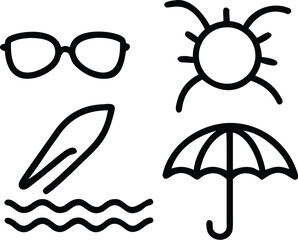 Fototapeta premium Summer beach icons with sunglasses and surfboard