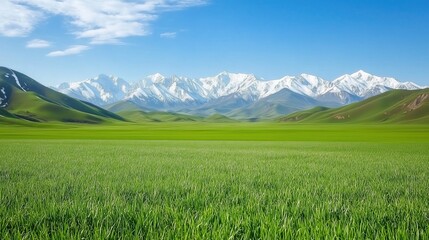 Fototapeta premium Vast green field with snow-capped mountains under a blue sky