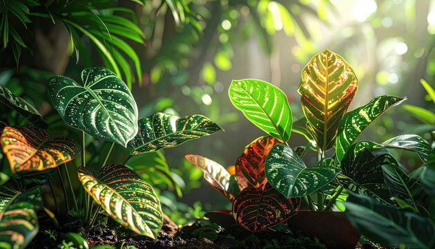 Lush Tropical Foliage Close Up Displaying Vibrant Green and Brown Leaf Patterns Bathed in Soft Natural Sunlight with Leafy Greenery Background