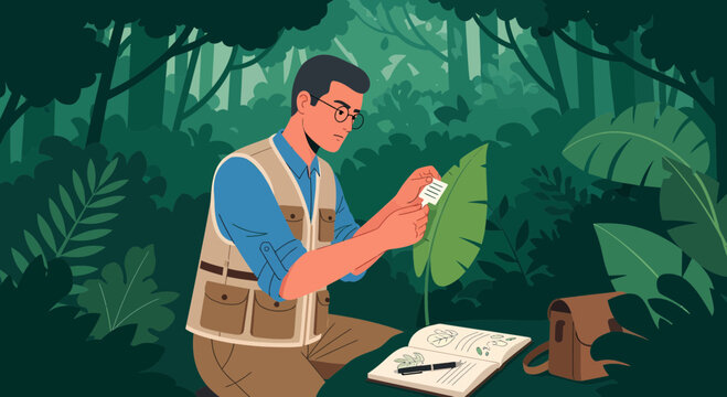 Botanist Researching New Plant Life In Tropical Rainforest Illustration