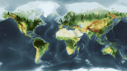 Global map illustrating environmental data distribution with colorful heatmap overlay across continents and oceans