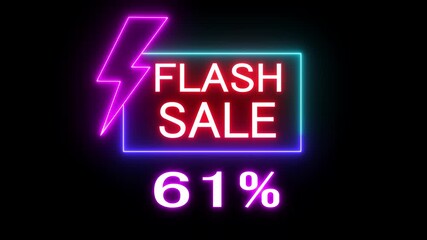 A vibrant neon sign announces a flash sale with a 61% discount, set against a dark background, creating an eye catching and modern promotional design