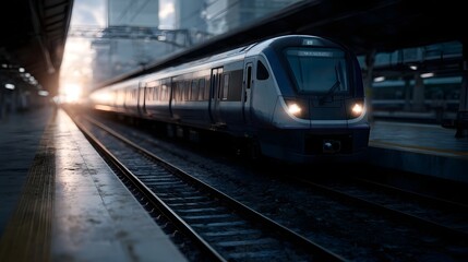 Naklejka premium A modern passenger train arrives at an urban station platform bathed in the warm glow of dawn