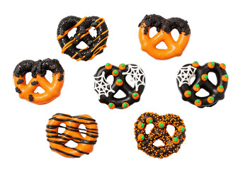 Festive Halloween Chocolate Dipped Pretzels Collection Isolated on White for Spooky Treats