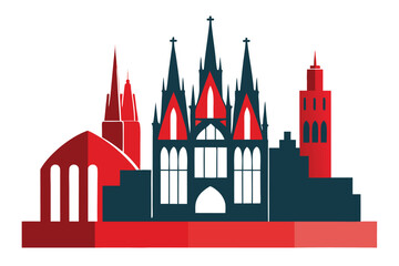 A city skyline with a church in the middle