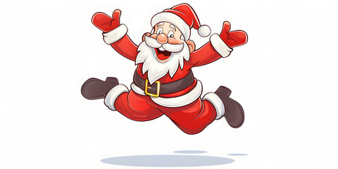 Cheerful illustration of a jolly, cartoonish character with a white beard and a red hat, wearing a red suit, floating and smiling.