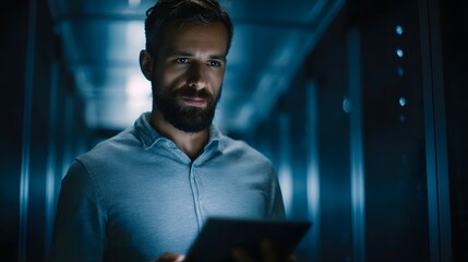 A focused IT professional uses a tablet in a dimly lit server room