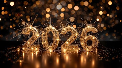 New Year's Eve 2026 Sparkle: Glittering numbers of the year 2026 are illuminated by sparking lights, creating a festive ambiance that embodies the spirit of fresh starts and hopeful beginnings.