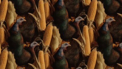 Repeating pattern of turkeys and corn, evoking a harvest theme with earthy tones and textures