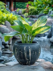 A decorative plant in a black pot beside a tranquil water feature, enhancing the natural beauty of the environment.