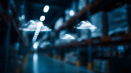 Futuristic concept of cloud technology integrated into a modern warehouse representing digital data storage and logistics