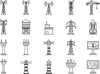 Infrastructure tower icon set, communication structures, water tower, control tower, satellite dish, rocket launch pad, electricity pylon, vector illustration, black and white, minimal style