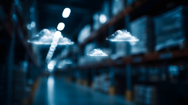 Futuristic concept of cloud technology integrated into a modern warehouse representing digital data storage and logistics