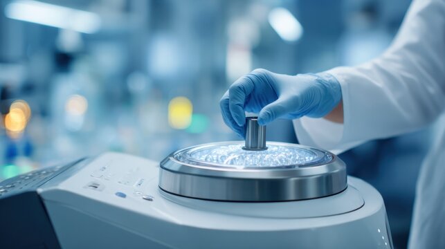 Scientist handling a sleek white centrifuge in a glowing lab environment the rest of the scientific workspace out of focus showcasing academic lab equipment supply.