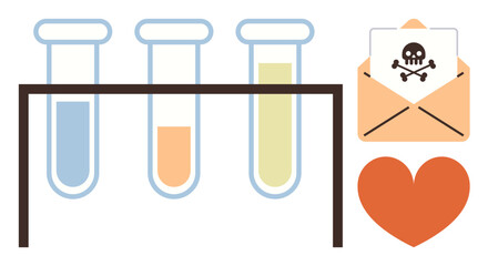 Test tubes on a rack, envelope with skull icon, and heart shape. Ideal for science, chemistry, risk, hazard, emotion ethics and health visualizations. Simple flat metaphor
