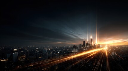 Fototapeta premium 5G Base Stations on Skyscrapers Overlooking Cityscape at Dusk