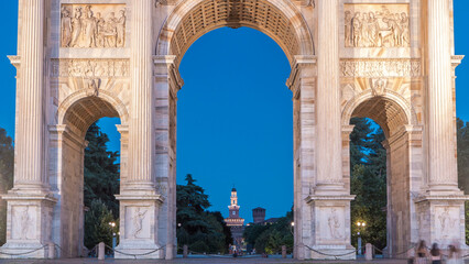 Arch of Peace in Simplon Square day to night timelapse. It is a neoclassical triumph arch